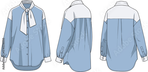 Stylish blue and white women’s blouse with tie neck, button front, long puff sleeves, elegant fashion design for office wear