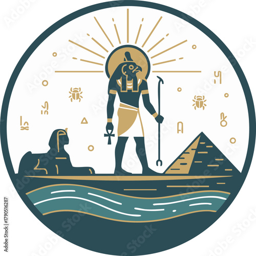 Minimalist Egyptian God Ra Horus Vector Logo Emblem - Pyramid and Sphinx Icon