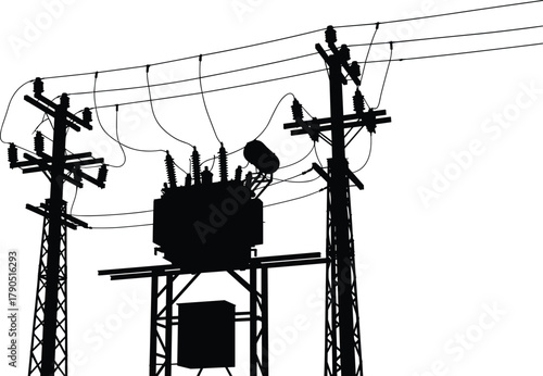 Silhouette vector illustration of electrical substation and utility poles—power distribution infrastructure, voltage system, energy grid, industrial network layout design