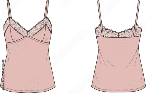 ssleepwear design, technical flat, intimate apparel, spaghetti straps, garment construction, front back view