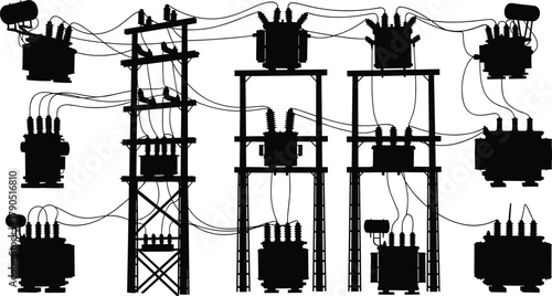 Silhouette vector illustration of electrical substation with transformers and transmission towers—power grid infrastructure, voltage system, industrial energy distribution layout