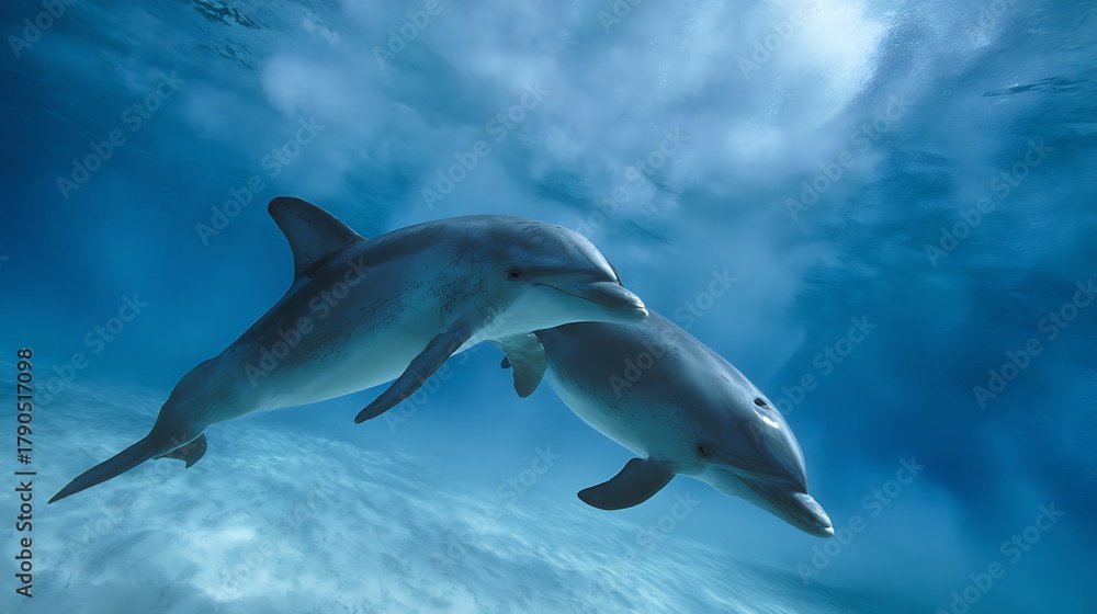 Fototapeta premium Two dolphins swimming gracefully in the clear blue ocean, their sleek bodies gliding effortlessly through the water, creating a mesmerizing underwater scene with sunlight filtering through the surface
