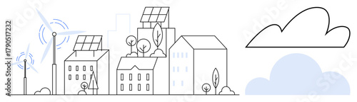 Urban buildings with solar panels, wind turbines, and trees emphasize eco-friendly living. Ideal for sustainability, renewable energy, green technology, future cities, climate change, clean energy