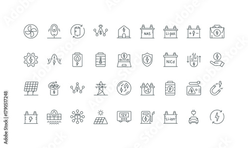 EV battery and charge station, inverter thin black and red outline symbols vector illustration Energy storage and power grid distribution, wind and backup generator, photovoltaic system line icon set.