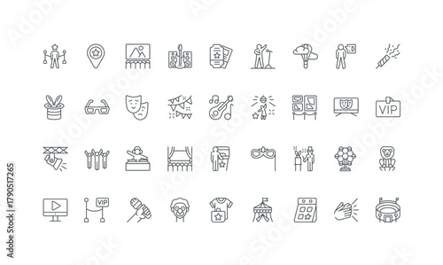 Colorful line icons white on isolated needs design print or app, web, for concepts event and festival, concert, show, entertainment representing background vector illustration