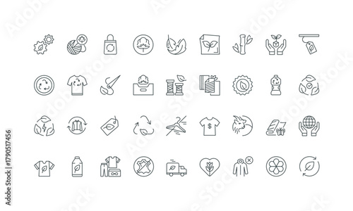 No fast fashion, eco friendly delivery and production with renewable energy thin black and red outline symbols vector illustration Sustainable fashion and brand, natural fabric, textile line icon set.