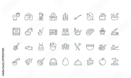 Bake and fry, roast in pan, utensils, cutting board thin black and red outline symbols vector illustration Cooking at home and restaurant, food recipe, seasoning with salt and spice line icon set.