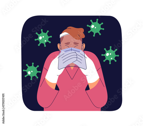Person with hypochondria is in fear, panic from bacteriums. man with nosophobia afraids of illnesses. Mental disorder, psychology. Human phobia concept. Flat isolated vector illustration on white.
