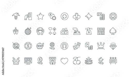 Baccarat and roulette wheel, gamble and bet thin black and red outline symbols vector illustration Casino gambling, card deck and blackjack in poker game, scratch card, jackpot chance line icon set.