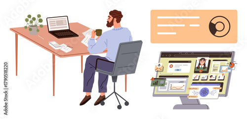 Business professional at desk with laptop, papers, coffee working on tasks. Monitor displaying graphs, emails, and data. Ideal for productivity, remote work, analysis technology workflow time