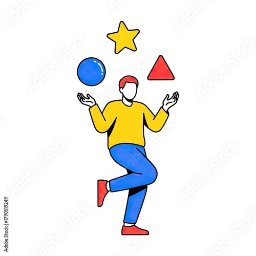 Cartoon Illustration of Man Juggling Geometric Shapes With Yellow Shirt Blue Pants And Red Shoes