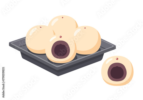 A clean vector illustration shows a plate of traditional Asian steamed buns, one cut open to reveal a rich, dark paste filling, all isolated on a white background