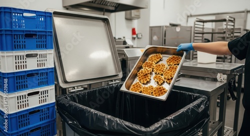 Worker Disposing of Waffles in a Commercial Kitchen Trash Can photo