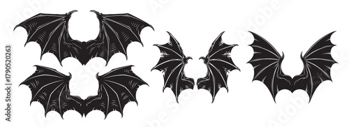 Demonic and Devil Wings Vector Set Detailed Illustrations of Evil, Bat, and Vampire Wing Silhouettes.