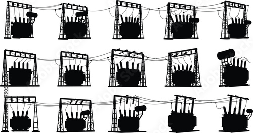 Silhouette vector illustration of electrical transformers on metal frames—power distribution infrastructure, voltage system, substation layout, energy grid network design