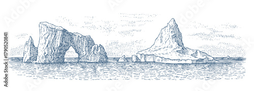 Icebergs in the ocean. Classic vintage woodcut linocut engraving style vector illustration.