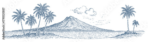 Tropical island scene with palm trees, mountain, and ocean. Vintage woodcut linocut engraving style vector illustration.
