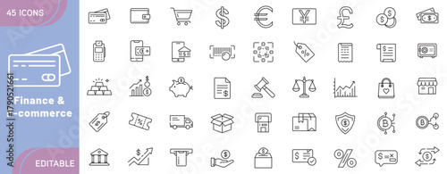 Finance and E-commerce Icons – Money, Banking, Shopping, Payment, Online Store, Cryptocurrency, Business, Transaction, and Digital Economy Symbols