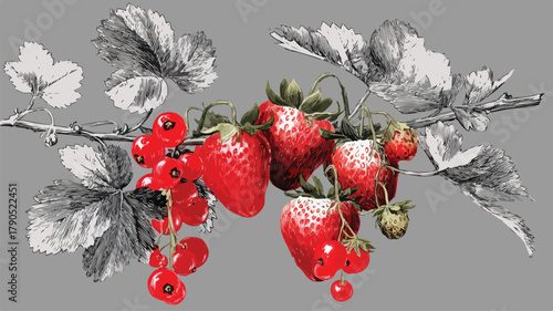 Fresh Strawberry and Currant Branch with Berries on Gray Background
