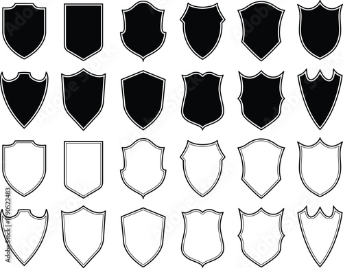 Set of Badge templates in vintage style. Black patch silhouettes. Police badge, shield, labels. Isolated on white background	