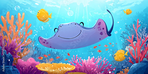 Fototapeta Naklejka Na Ścianę i Meble -  Cartoon smiling stingray swimming with colorful coral reef and cute yellow fish in the deep blue sea Concept of marine life, underwater world, and ocean ecosystem