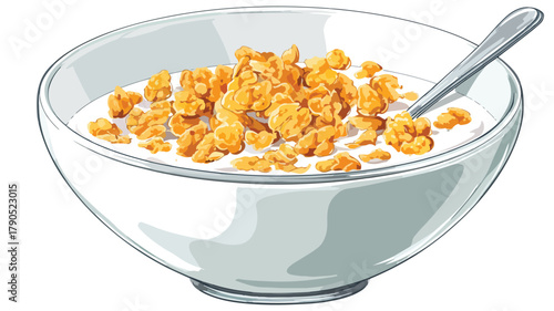 Delicious Gourmet Breakfast Cereal Bowl with Fresh Milk in Glass Vector Illustration