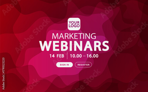 This marketing webinar template is ideal for a corporate event or business presentation. The abstract dark red background uses fluid shapes to create a premium ui design for a future conference.