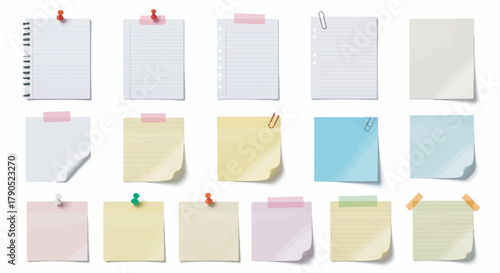 Set of blank sticky notes, various paper sheets, and reminder templates isolated on white.