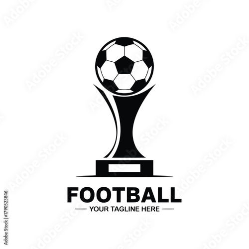 Football trophy with soccer ball and championship text