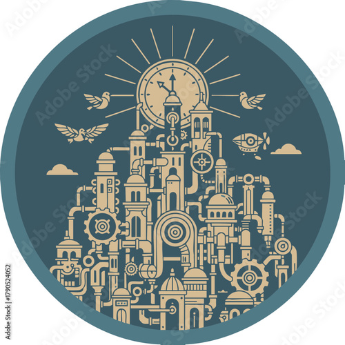 Minimalist Steampunk City Vector Logo Emblem - Mechanical Clockwork and Gear Structure
