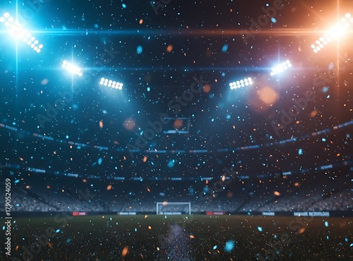 Bright stadium lights casting colorful flares over a dark soccer field, vibrant blue and orange gradient, glowing particles, energetic sports background