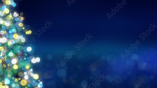 Blurred Christmas tree with glowing colorful bokeh light bulbs and ornaments background, blue holiday greeting card animation, festive New Year winter backdrop