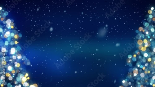 Blurred Christmas tree with glowing colorful bokeh light bulbs and ornaments background, blue holiday greeting card animation, festive New Year winter snow fall backdrop