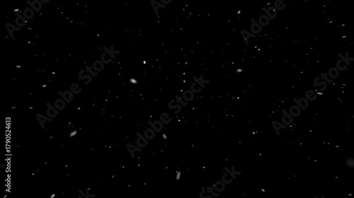 Realistic snowfall blowing toward the camera on black background, falling snow flake particle effects for christmas holiday celebration, overlay facing natural winter storm backdrop

