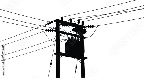 Silhouette vector illustration of electrical transformers on utility poles and towers—power distribution infrastructure, voltage system, energy grid, industrial layout