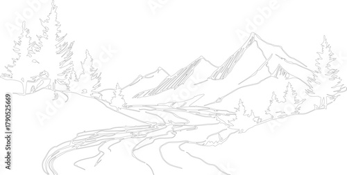 Serene Sketches of Majestic Mountains Capturing the Essence of Nature’s Peaks through Detailed Art or sketch art with geometric lines.
