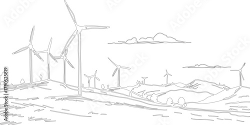 wind turbines farm sketch art or silhouette or line art with black hand drawn line patterns.