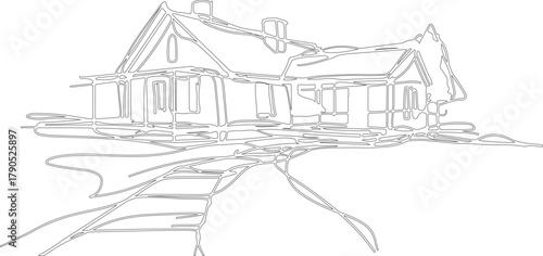 Realistic beautiful hand drawn sketch art or silhouette or line art of a house in the woods.