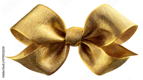 Elegant golden ribbon bow for gift wrapping captured in realistic lighting isolated on white background