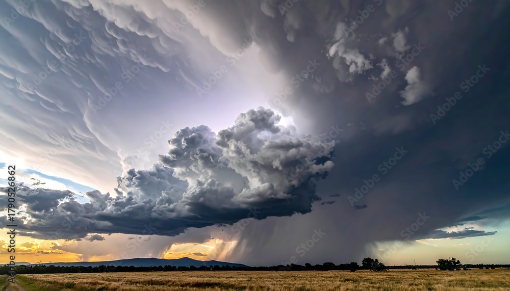 Obraz premium Dramatic storm clouds loom over a field, with visible rain shafts and a bright sky glow peeking through