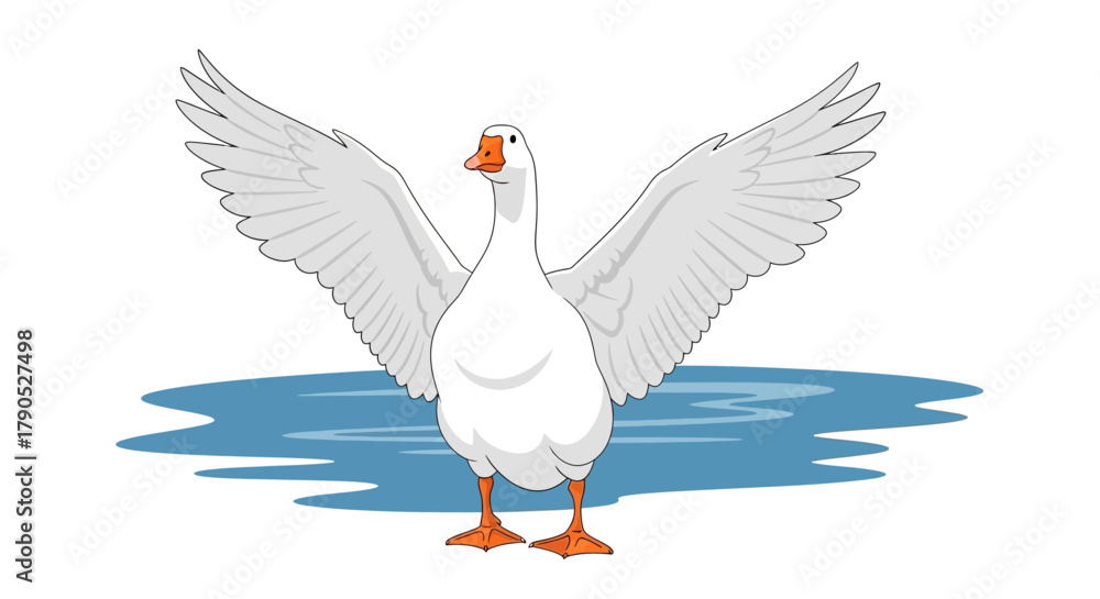 Fototapeta premium Cartoon Goose Spreading Wings Ready for Flight Isolated on White Background
