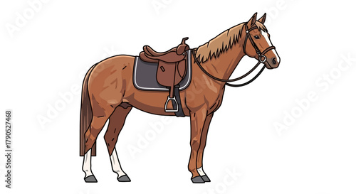 Cartoon Horse with Saddle Equestrian Illustration Isolated on White