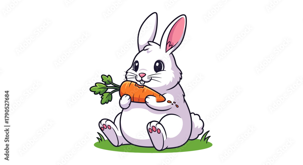 Obraz premium Cute White Rabbit Eating Carrot Cartoon Illustration on White Background
