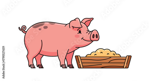 Happy Pig Grazing Cartoon Pink Pig and Feed Trough Illustration