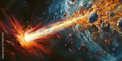 Dramatic close-up of a fiery comet or asteroid streaking through a nebula, leaving a bright tail and causing an explosion of stellar debris.