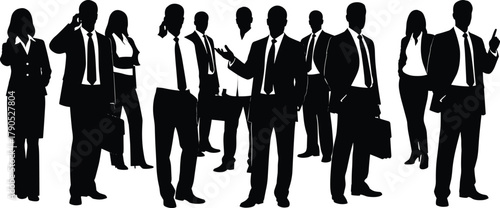 Business, professionals, silhouette, corporate, team, suit, tie, briefcase, male, female, formal, talking, walking, standing, phone, gesture, confident, career, office, leadership
