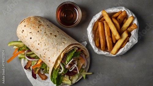 Fast Food Trend 2025 – Wrap and Cold Drink Top View