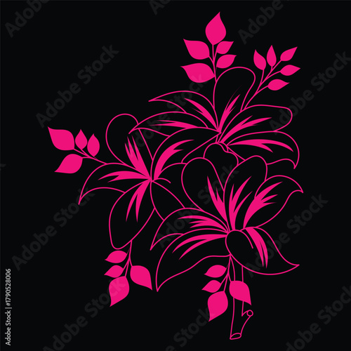 Vibrant Pink Floral Bouquet and High-Contrast Botanical Line Art drawing. 