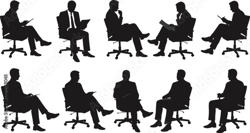 Business silhouettes, office chairs, corporate posture, professional teamwork, workplace concept, leadership, productivity, strategy, management, collaboration 