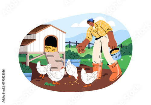 Farm worker is feeding hens near coop. Farmer cares about poultry, livestock, animals. Woman scatters grain, kernels for chicken at ranch. Flat isolated vector illustration on white background.